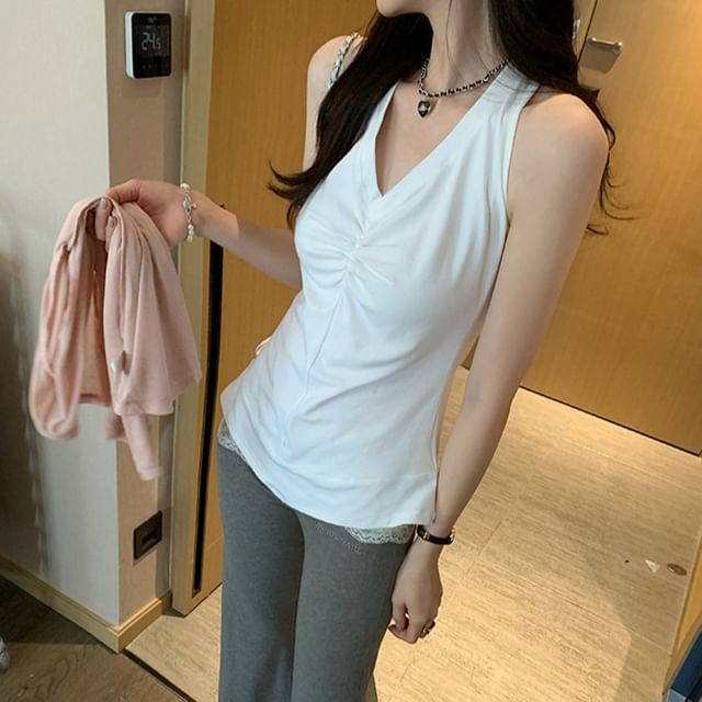 Asiris-Halter-Neck V-Neck Plain Shirred Top