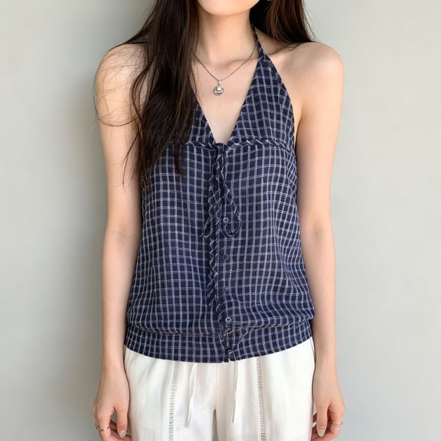 Asiris-Halter Plaid Button Tie-Up Top