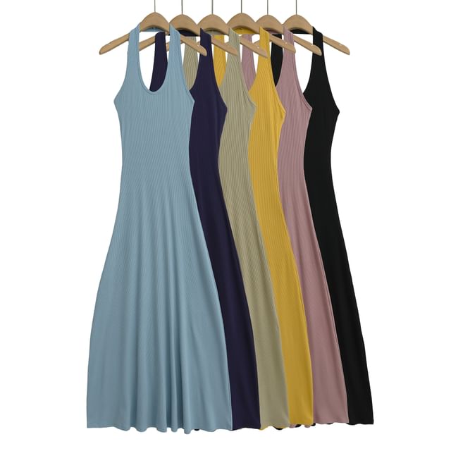 Asiris-Halter Plain Maxi A-Line Dress