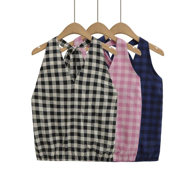 Asiris-Halter V-Neck Plaid Top