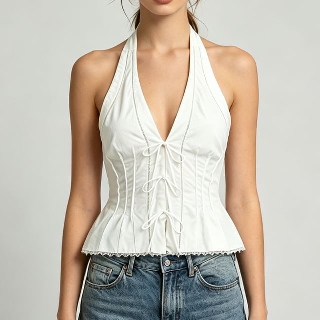 Asiris-Halter V-Neck Plain Bow Detail Crop Top
