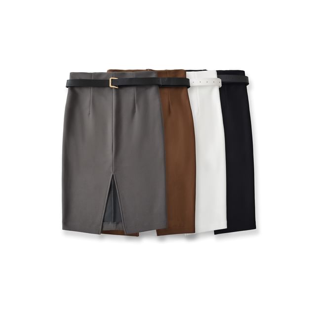Asiris-High Rise Plain Front-Slit Pencil Skirt