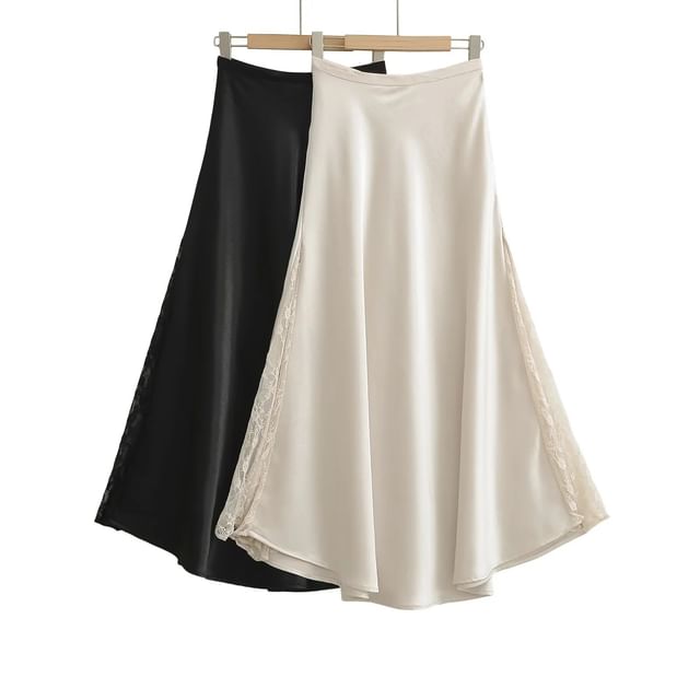 Asiris-High Rise Plain Satin Lace Panel Maxi Skirt