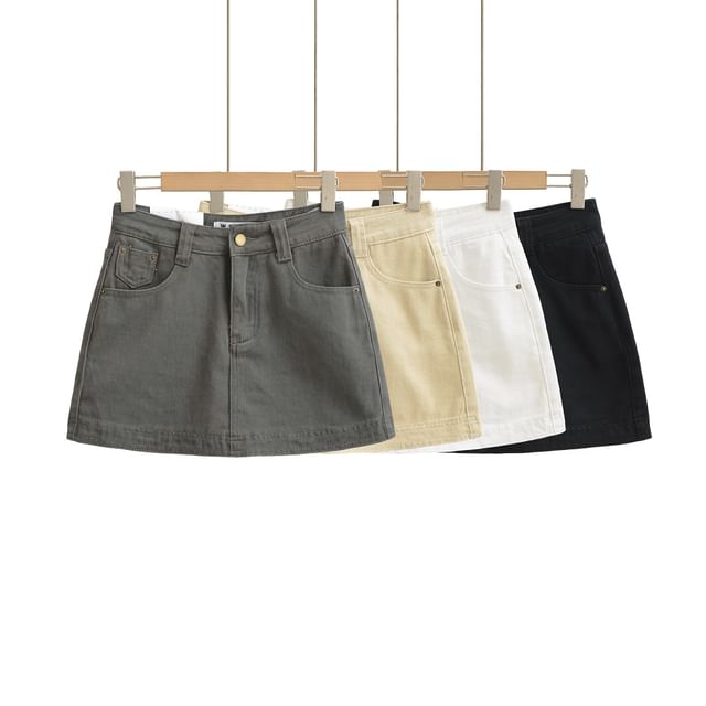Asiris-High Rise Washed Denim Mini A-Line Skirt