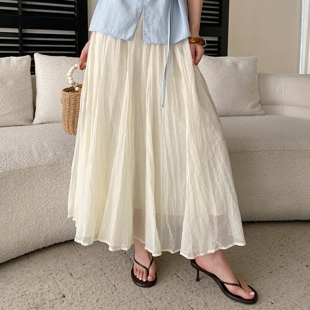 Asiris-High Waist Plain Crinkle Maxi A-Line Skirt
