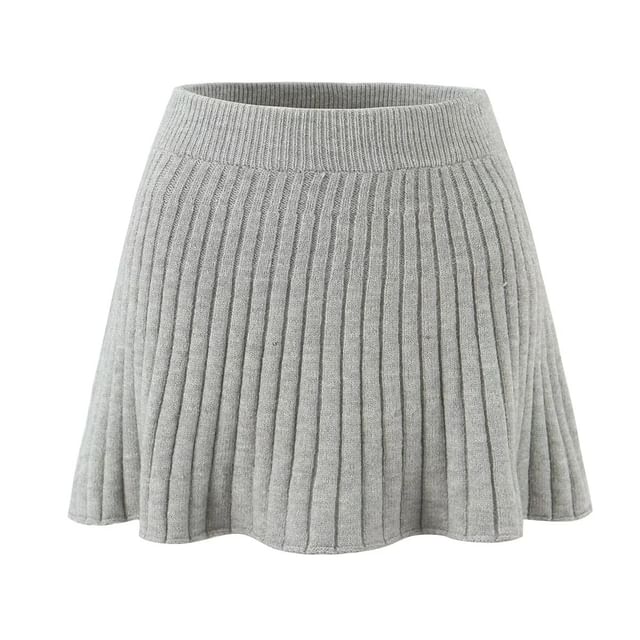 Asiris-High Waist Plain Ribbed Knit Mini A-Line Skirt