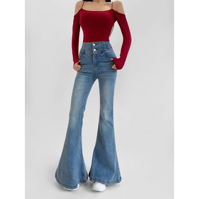 Asiris-High Waist Washed Bell Bottom Jeans