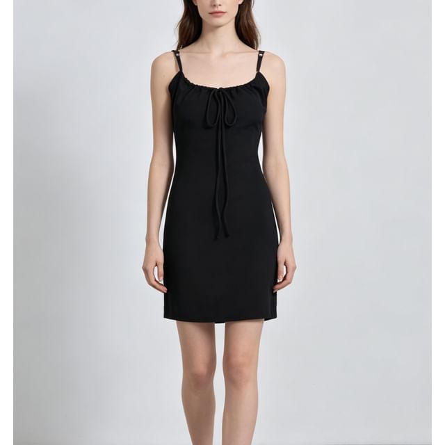 Asiris-L Spaghetti Strap Plain Bow Padded Mini Bodycon Dress