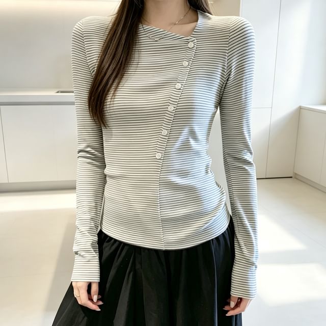 Asiris-Long-Sleeve Asymmetrical Striped Buttoned Top