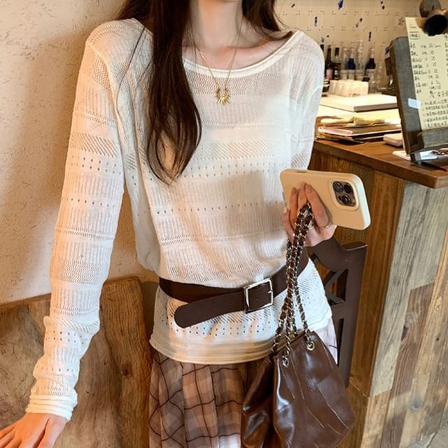 Asiris-Long-Sleeve Boat Neck Plain Perforated Knit Top