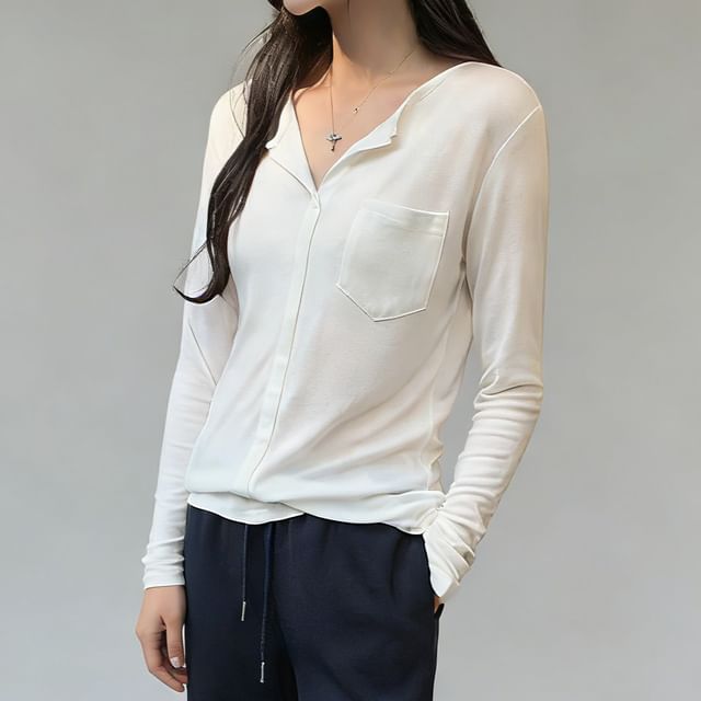Asiris-Long-Sleeve Button-Up Plain Top