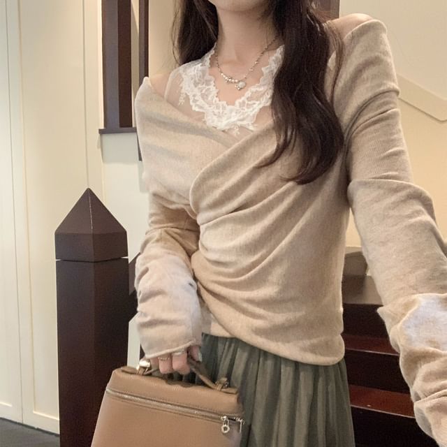 Asiris-Long-Sleeve Cold Shoulder Lace Knit Top