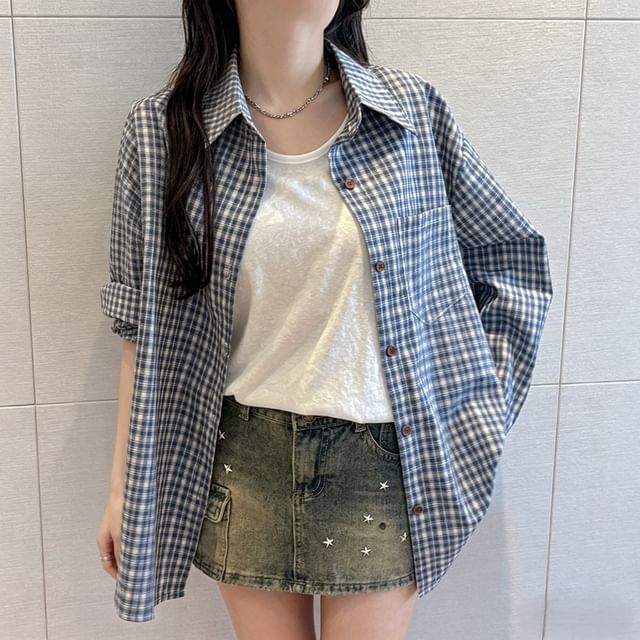 Asiris-Long-Sleeve Collared Plaid Button Up Shirt