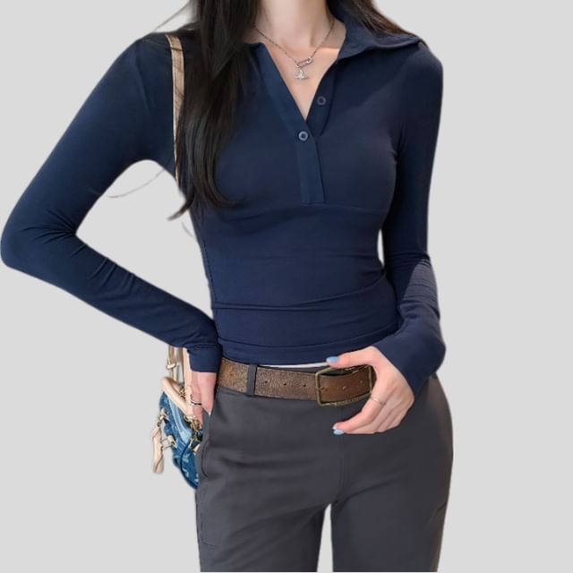 Asiris-Long-Sleeve Collared Plain Slim Fit T-Shirt
