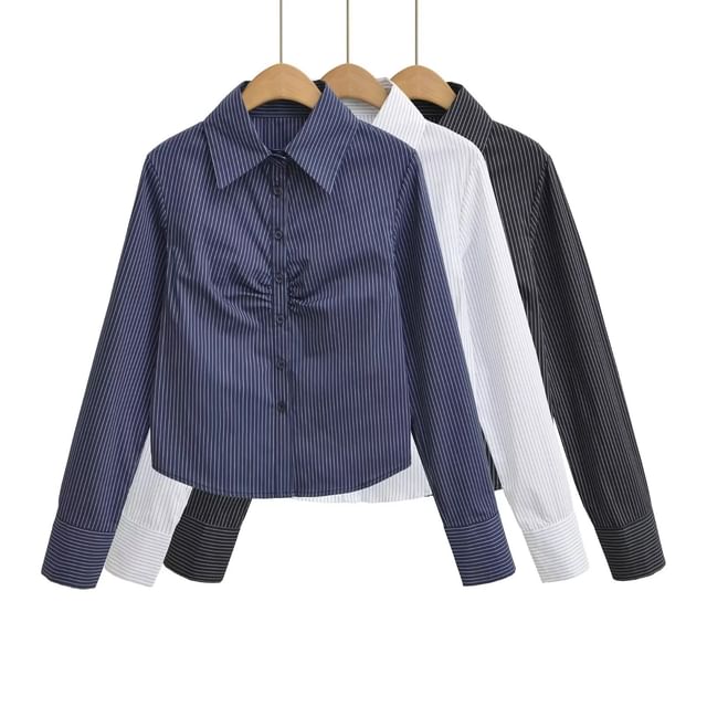 Asiris-Long Sleeve Collared Striped Slim-Fit Shirt