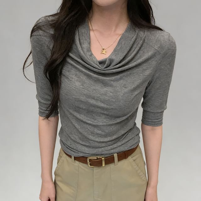 Asiris-Long-Sleeve Cowl Neck Plain T-Shirt