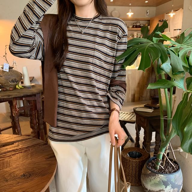 Asiris-Long Sleeve Crew Neck Striped T-Shirt