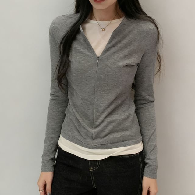 Asiris-Long-Sleeve Crew Neck Two Tone Mock Two-Piece Knit Top