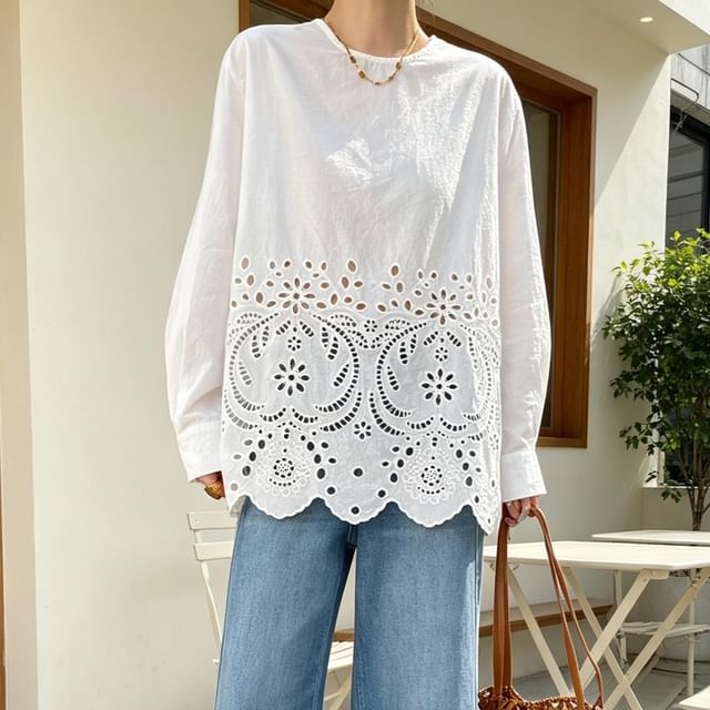 Asiris-Long-Sleeve Crewneck Eyelet lace Plain Blouse