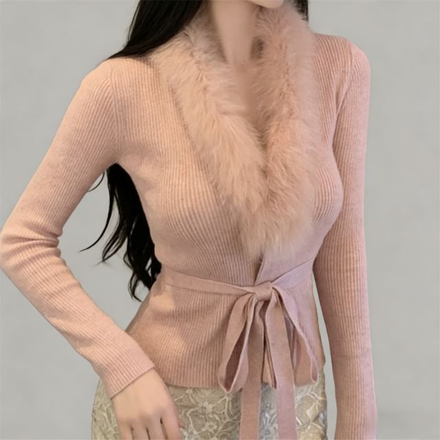 Asiris-Long-Sleeve Faux Fur Sashed Plain Knit Top