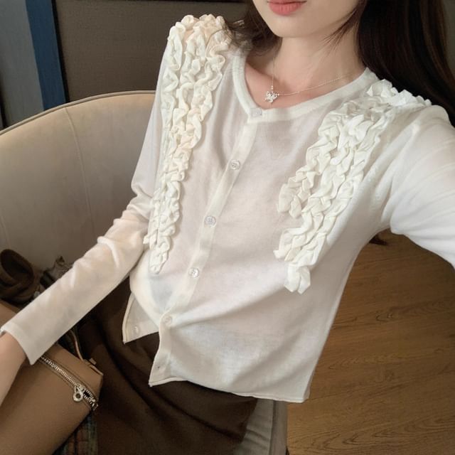 Asiris-Long-Sleeve Frill Trim Button-Up Plain Knit Top