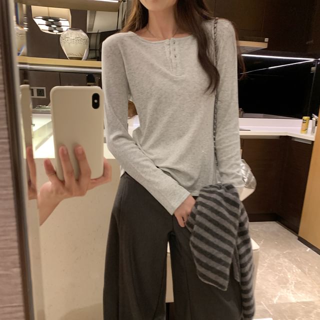 Asiris-Long-Sleeve Henley Glitter T-Shirt