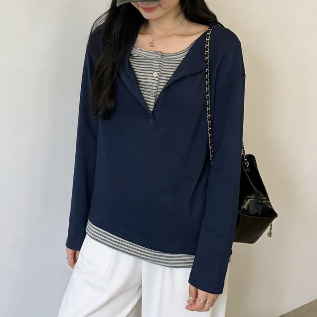 Asiris-Long Sleeve Henley Mock Two Piece Top