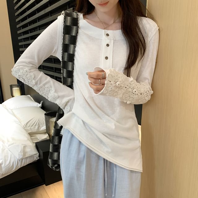Asiris-Long-Sleeve Henley Neck Plain T-Shirt