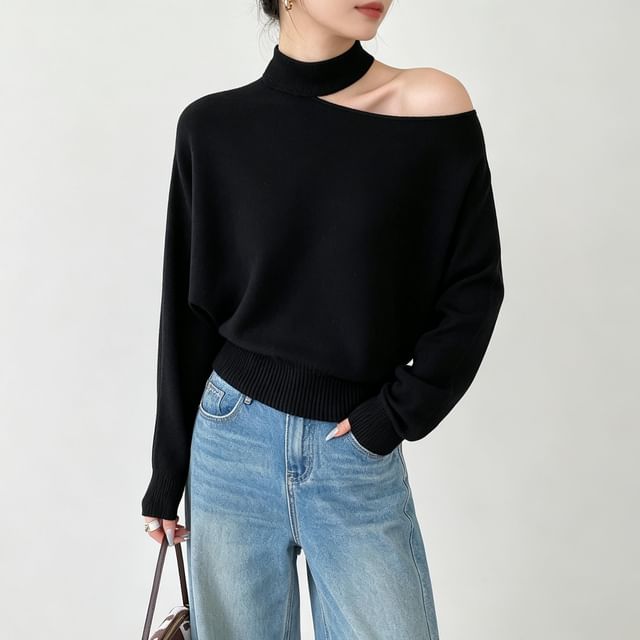 Asiris-Long-Sleeve Mock Neck Cutout Plain Knit Sweater