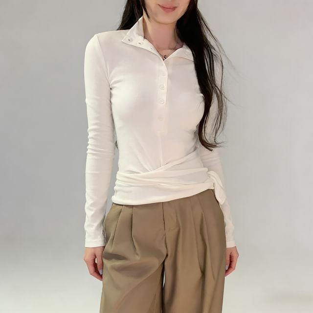 Asiris-Long Sleeve Mock Neck Plain Button Tie-Up Top