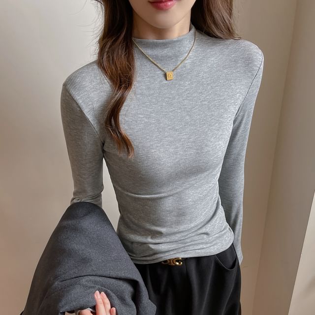 Asiris-Long-Sleeve Mock Neck Plain Ribbed T-Shirt