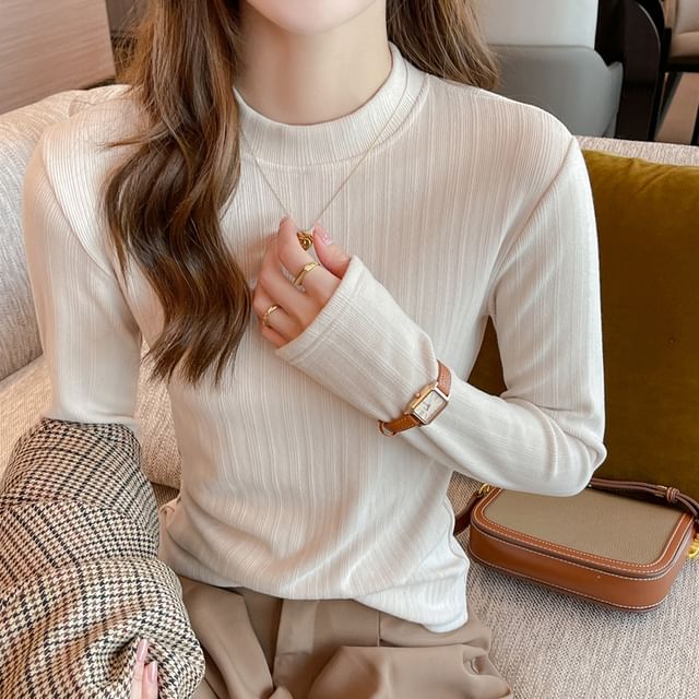 Asiris-Long-Sleeve Mock Neck Plain Ribbed T-Shirt