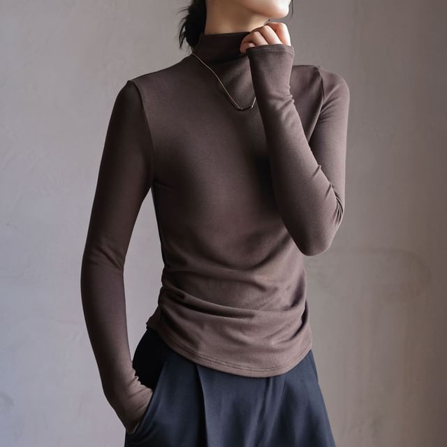 Asiris-Long-Sleeve Mock Neck Plain T-Shirt