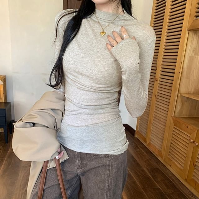 Asiris-Long Sleeve Mock Neck Plain Top