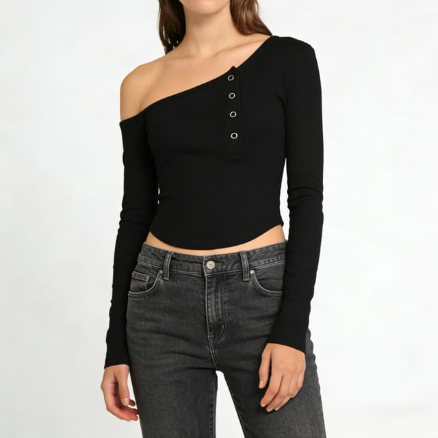Asiris-Long-Sleeve Off Shoulder Henley Plain Crop Top