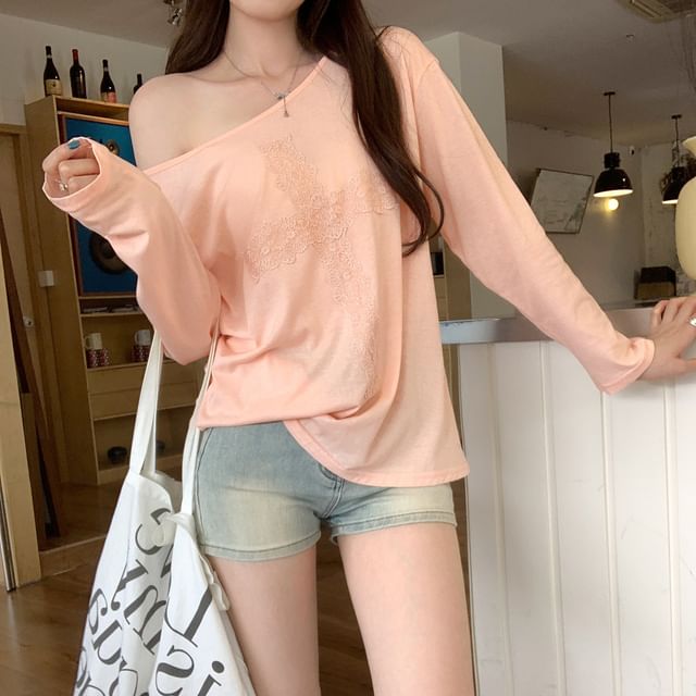 Asiris-Long-Sleeve Off Shoulder Lace Panel T-Shirt