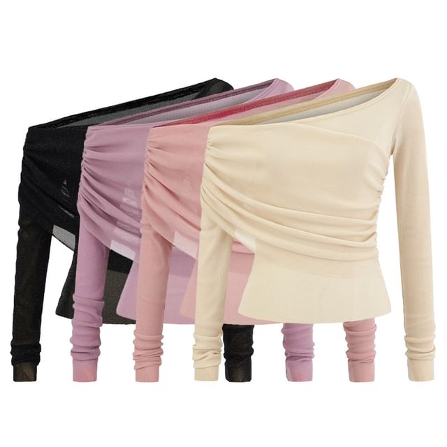 Asiris-Long-Sleeve Off-Shoulder Plain Asymmetrical Ruched Mesh Top