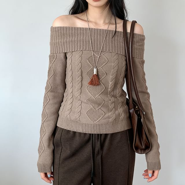 Asiris-Long-Sleeve Off Shoulder Plain Knit Top