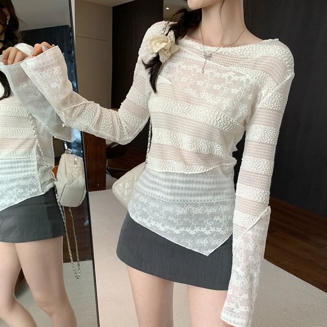 Asiris-Long-Sleeve Off Shoulder Plain Lace Panel Top