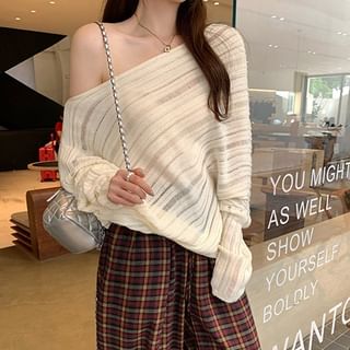 Asiris-Long-Sleeve Off-Shoulder Plain Perforated Knit Top