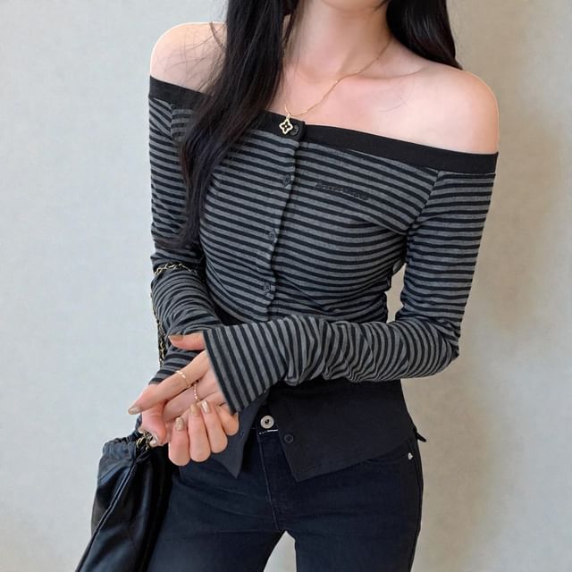 Asiris-Long Sleeve Off Shoulder Striped Button Top
