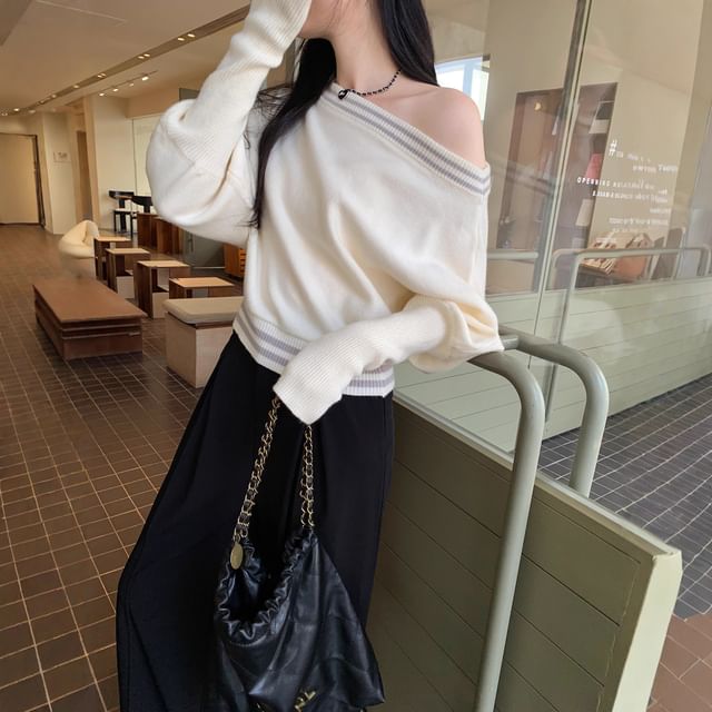 Asiris-Long-Sleeve Off Shoulder Striped Sweater