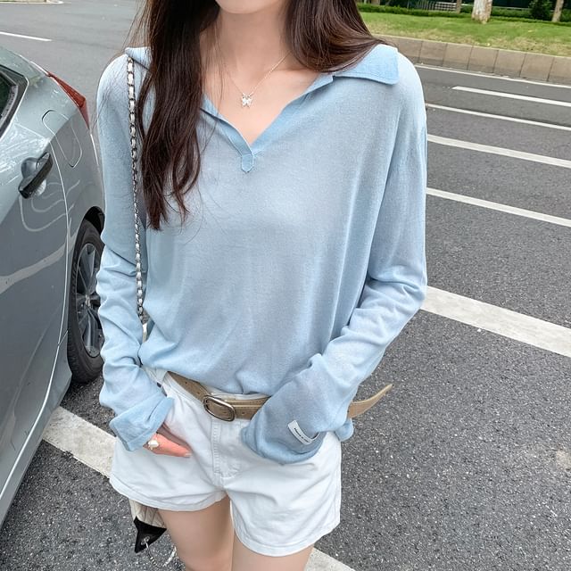 Asiris-Long Sleeve Open Placket Plain Knit Polo Top