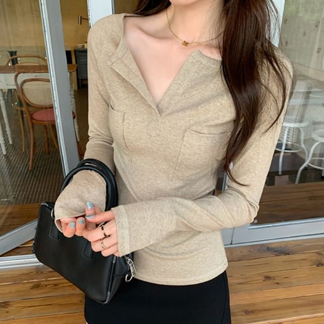 Asiris-Long Sleeve Open Placket Plain Pocket T-Shirt