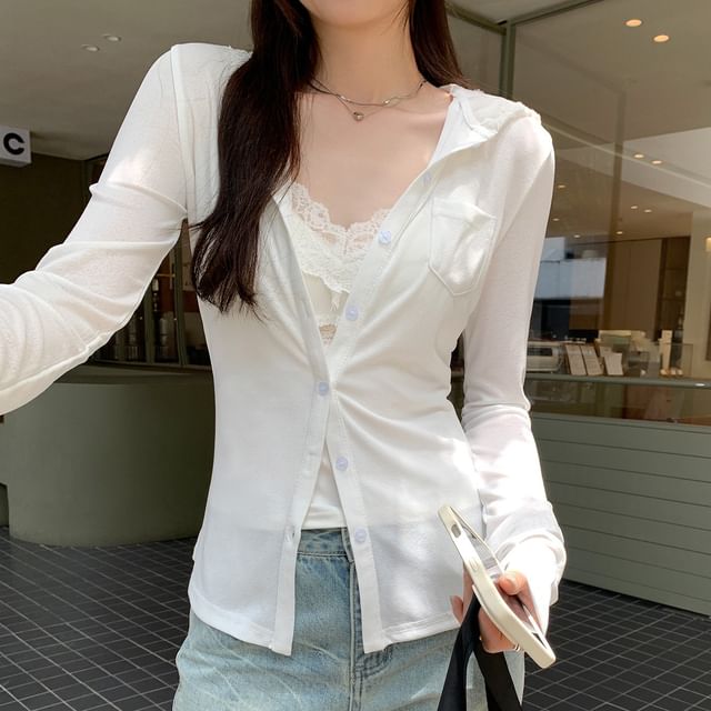 Asiris-Long Sleeve Plain Lace Panel Light Cardigan