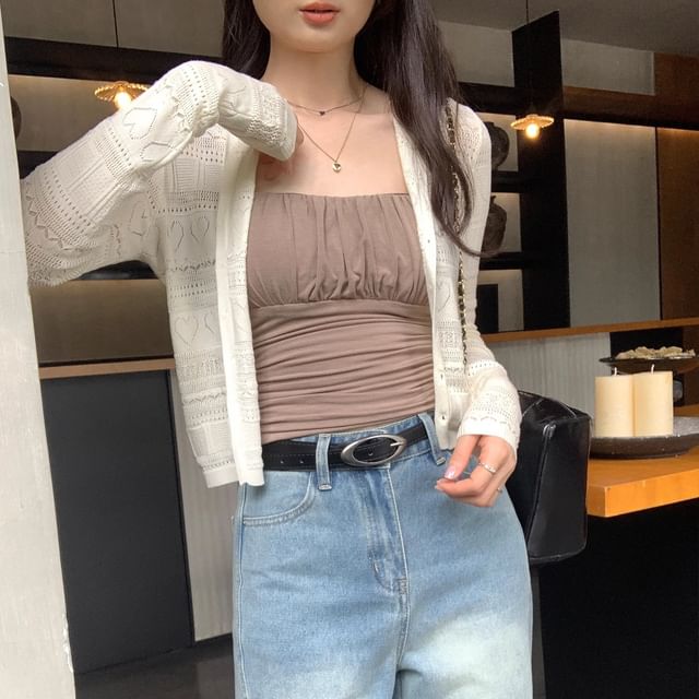 Asiris-Long Sleeve Plain Pointelle Light Cardigan