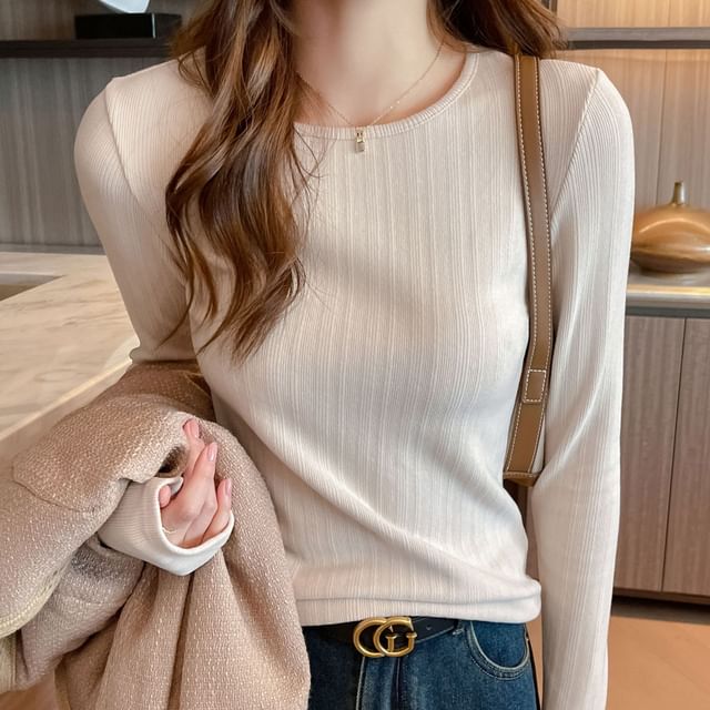 Asiris-Long-Sleeve Round Neck Plain Ribbed T-Shirt