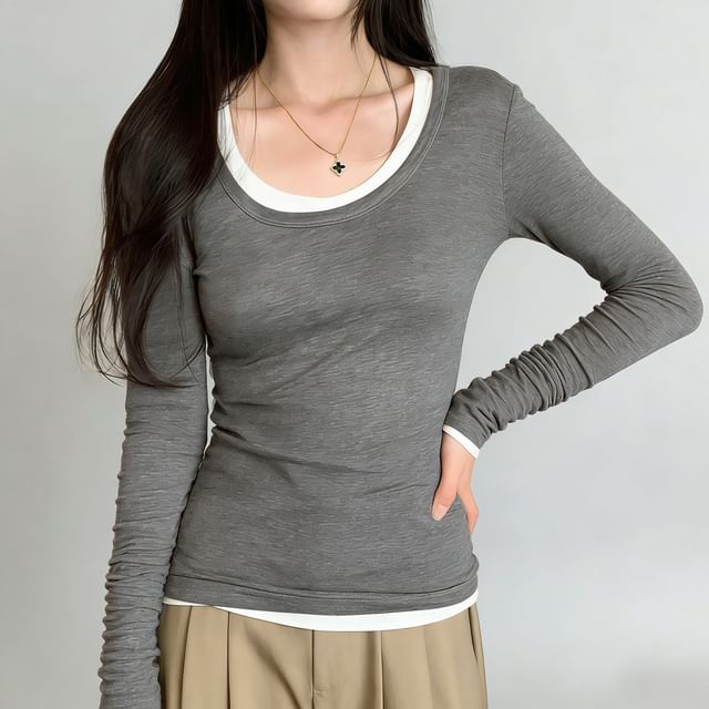 Asiris-Long-Sleeve Scoop Neck Plain T-Shirt
