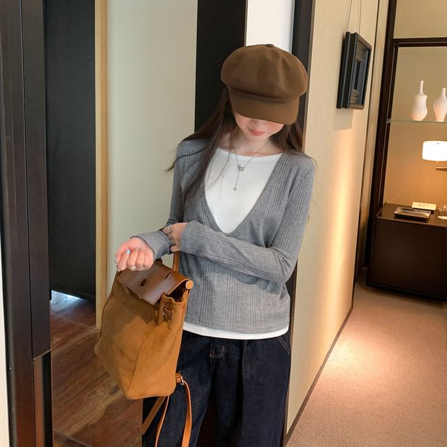 Asiris-Long-Sleeve Square Neck Mock Two Piece T-Shirt
