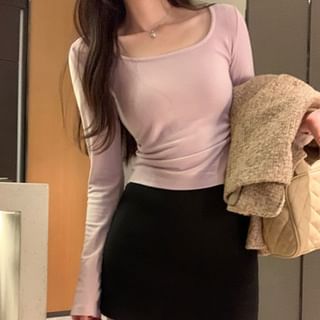 Asiris-Long Sleeve Square Neck Plain Top